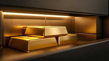 A close up of gold bars neatly stacked in storage.