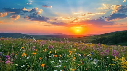 Fototapeten Sundown over the flower-filled field © Panisa