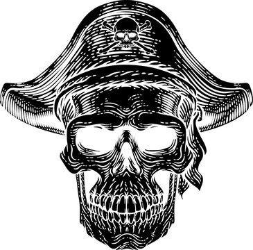 recommend clip art: Pirate skull skeleton grim reaper mascot in pirates captain hat. Original illustration in a vintage retro woodcut etching style.