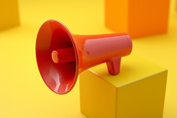 Red megaphone loudspeaker symbol on a yellow cube block against bright background
