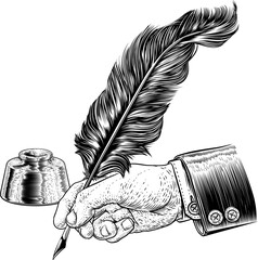 A hand in business suit holding writing with a quill feather antique pen with ink well. In a retro vintage engraved or etched woodcut print style.