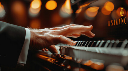 Elegant Pianist Hands on Piano Keys in Ambient Light - obrazy, fototapety, plakaty
