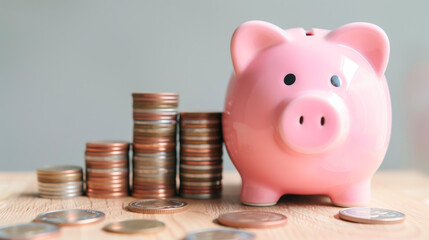 Pink piggy bank with increasing coin stacks on wooden surface. Concept of savings and wealth.