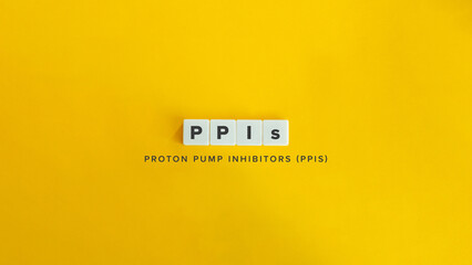 Proton Pump Inhibitors (PPIs). Text on Block Letter Tiles and Icon on Flat Background. Minimalist...