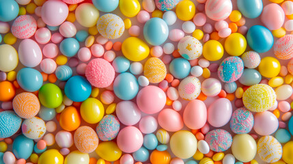 Colorful Easter candy background with assorted sweets.