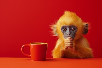 Curious monkey enjoying a moment with a cup of coffee in a vibrant red setting