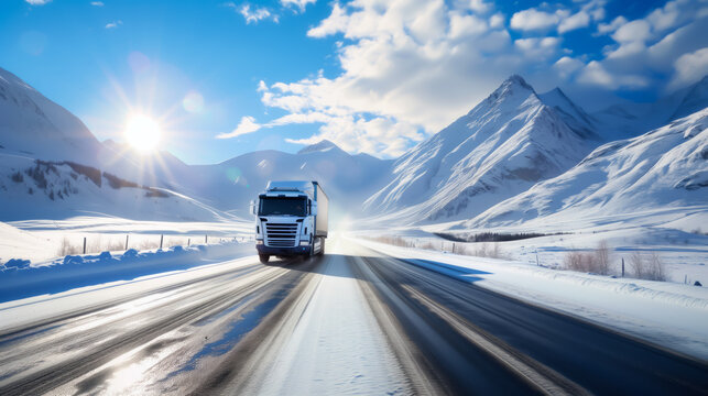 Truck on snowy road with mountain landscape, supply chain and logistics concept.
