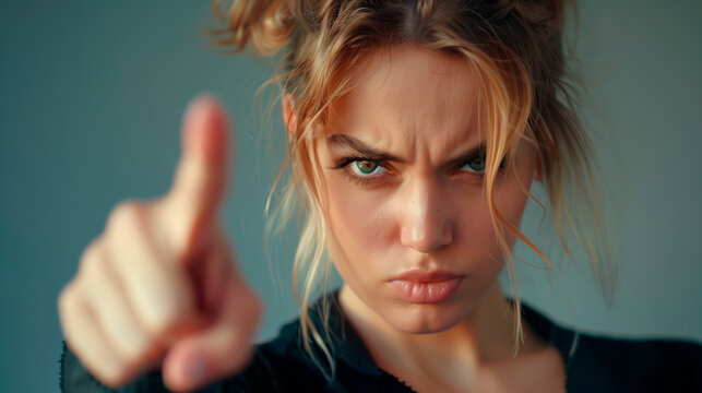 Angry young woman gesturing with her finger, focused expression. 
