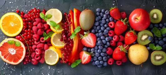 Various colorful fruits, vegetables, berries and greenery on dark grey stone tabletop. Nutrition, diet, vegan food concept. Healthy eating background. Copy space for text.