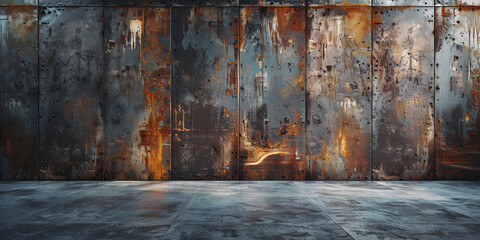 A room featuring a rustic wooden wall and a sturdy concrete floor, combining natural and man-made building materials for a unique visual arts display , Rust on old metal texture background ,wallpaper