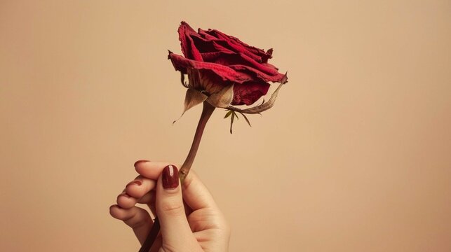Woman hand holding dried red rose isolated on beige background