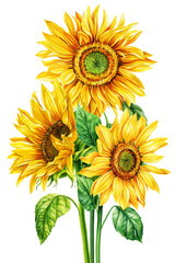 Bouquet of flowers, summer colors sunflowers on isolated white background, watercolor botanical painting illustration
