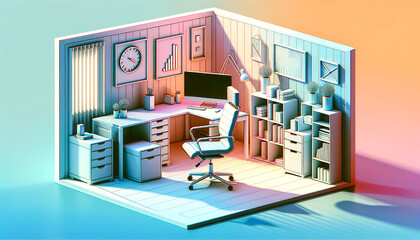 Angled 3D Office Space: Pastel Depth and Dynamics