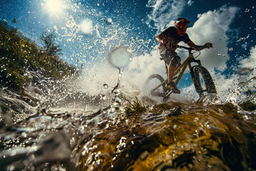 Fototapeta premium Mountain Biker Splashing Through Water in Action