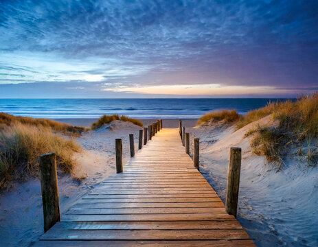 wooden sea path access in sandy beach in ocean coast in night blue hour
