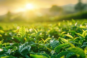 Green tea plantation at sunrise background