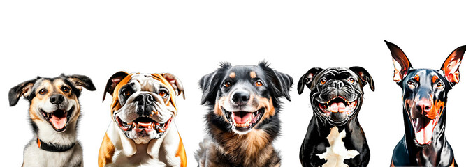 Smiling, cute dogs on transparent background.  Happy dogs. Сoncept of domestic animals. PNG format. Isolated on white. Empty, blank backdrop. Copy space. Premium landscape for mockup. Layout