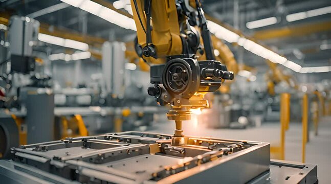 Robotic arm manufacturing Electric vehicle battery at a giga factory