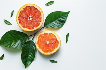 Fresh and tasty grapefruits with green leaves on white background