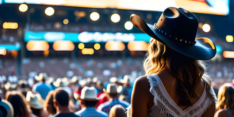 Back view of a young american woman fan of country music attending a country music concert wearing a cowboy hat and copy space