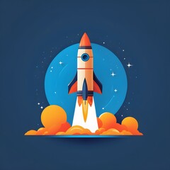 Flat logo of a rocket on a dark blue background