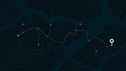 Designated route leading to specific goal point. Navigation plan highlights points of interest. City map with multiple markers. Vector illustration