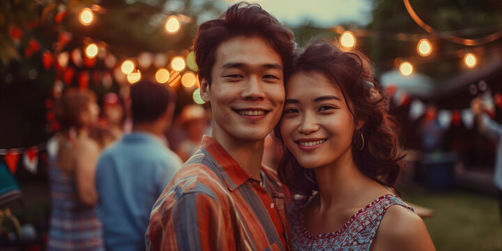 Young Adult Asian Couple Smiling Surrounded By Party Participants. Friends Partying, Family Gathering Concept.