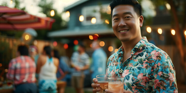 Independence day party. Diverse people celebrating July 4th. Asian man drinking cocktail in backyard.
