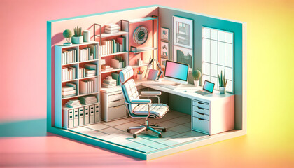 3D Pastel Office: Dynamic Angled View