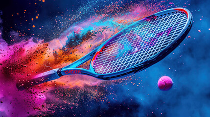 Dynamic Tennis Racket and Ball with Colorful Explosion
