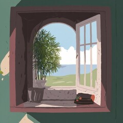 There is a potted coniferous plant on a brown window. There is a carrot toy in the lower right corner. The scenery outside the window is grassland and sea.