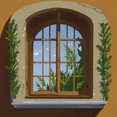 Wooden basket empty window on brown wall. Plants extend into the window from the outside. There are two strings of leaves on both sides of the window.