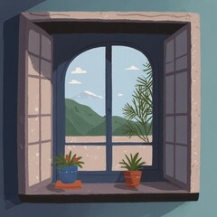 Two potted plants on the windowsill. The scenery outside the window is mountains and sand.