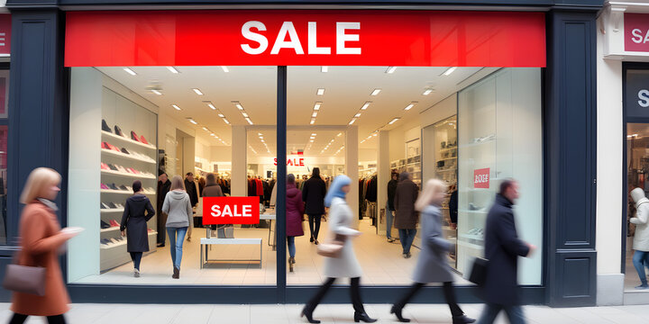 Sale concept image with a Sale sign in a shop window and people in street in background