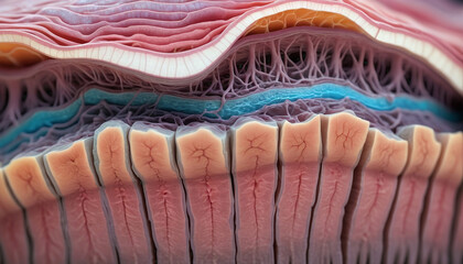 Close-up of the structure and composition of the different layers of skin and organic surface tissue - obrazy, fototapety, plakaty