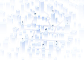 City landscape with poi and markers on the map. Simple minimal town with 3d buildings, urban concept. Exploring available properties, potential choices. Editable vector illustration. White background