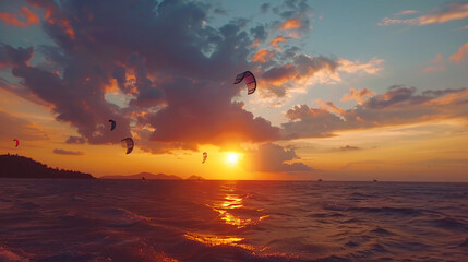 Silhouette people kitesurfing sunset clouds.  - obrazy, fototapety, plakaty