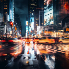 Busy city intersection with blurred lights at night