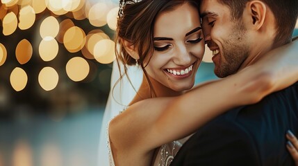 Capturing a joyful moment, this photo showcases a bride and groom sharing a blissful embrace, highlighted by a bokeh of golden light. Ideal for wedding themes, it conveys warmth - obrazy, fototapety, plakaty
