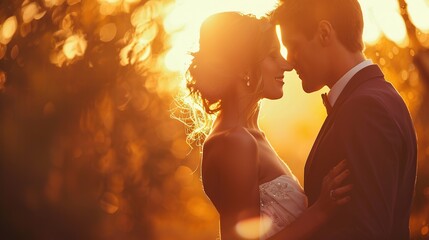 The warmth of a sunset backlights a romantic embrace between a bride and groom, creating an atmosphere of love and affection - obrazy, fototapety, plakaty