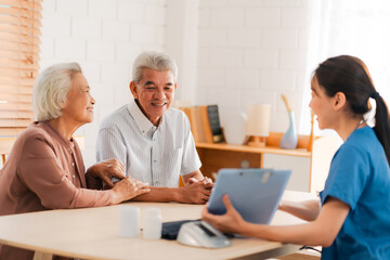 nursing home assistance in health insurance business concept, asian woman doctor or nurse caregiver support health care to elderly senior patient person, caretaker in medicals care recovery service - 752168664