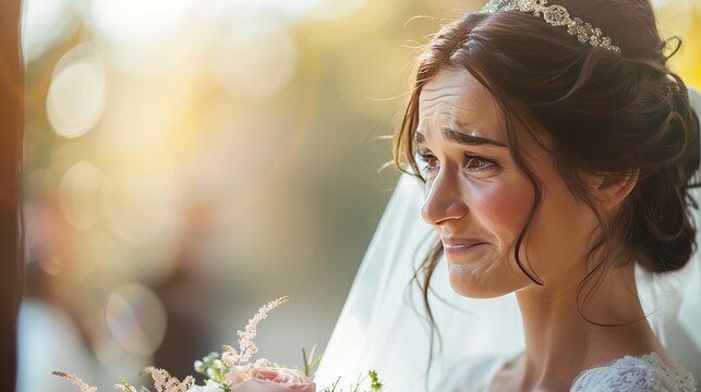 An evocative portrait of a tearful bride in a sunlit setting, the delicate interplay of light and emotion highlights her poignant moment. This photo is ideal for wedding day narratives