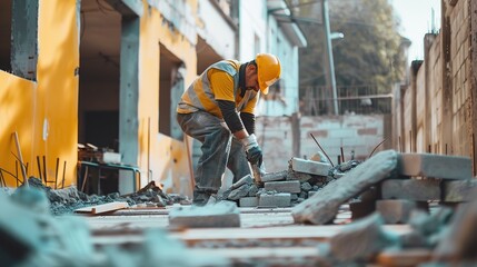 A construction worker meticulously lays bricks, emphasizing skill and precision in masonry. This image fits content on vocational training, construction craftsmanship, and skilled labor.