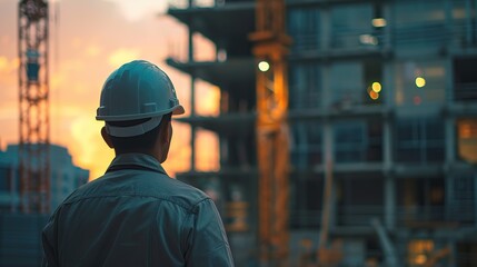 As the day ends, a construction professional examines a development site, symbolizing project assessment and strategic planning in urban construction