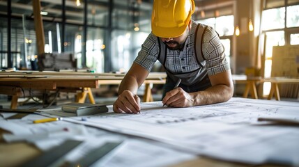 A skilled craftsman meticulously plans a construction project, with a focus on design and precision. The setting conveys the importance of craftsmanship in the construction and engineering industries