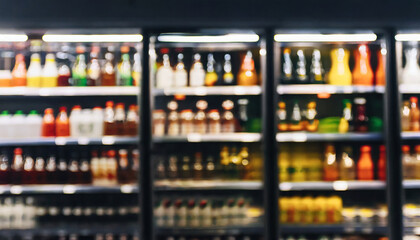 Blurred background of supermarket fridge with bottles of beverages on shelves. Glass showcase. - obrazy, fototapety, plakaty