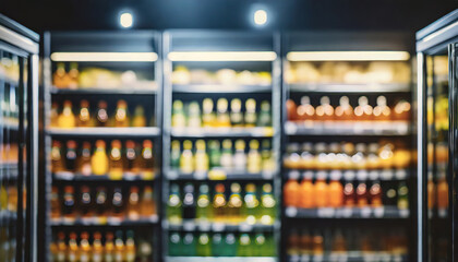 Blurred background of supermarket fridge with bottles of beverages on shelves. Glass showcase.