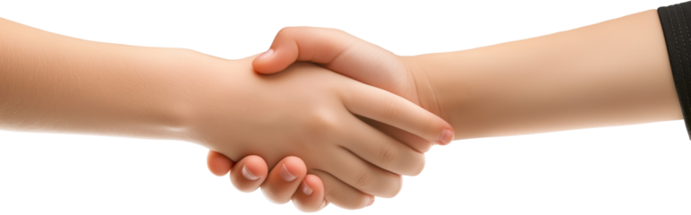 Close up of two kids shaking hands without background