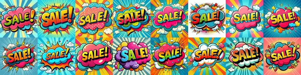 Zelfklevend Fotobehang Sale! on a cloud in bright colors, pop-art style. AI generated illustration © vector_master