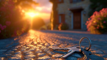 Keys left on the ground in front of a house at sunset with the sun setting in the background
